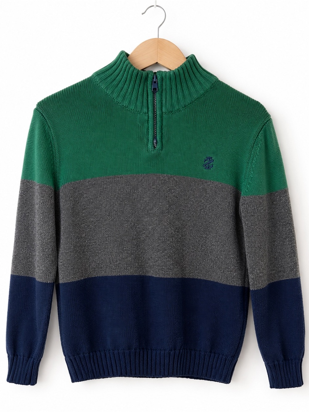 IZOD Boys 5T Colorblock Quarter Zip Knit Sweater Green Gray Navy